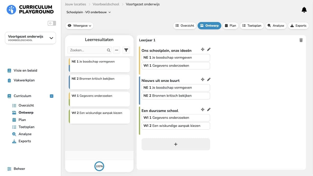 VO-voorbeeld in Curriculum Playground met doelen voor Nederlands en wiskunde gekoppeld aan lessenseries