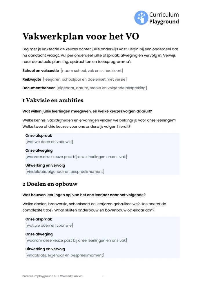 Eerste pagina van het Word-format in Curriculum Playground-stijl, met de rubrieken Vakvisie en ambities en Doelen en opbouw