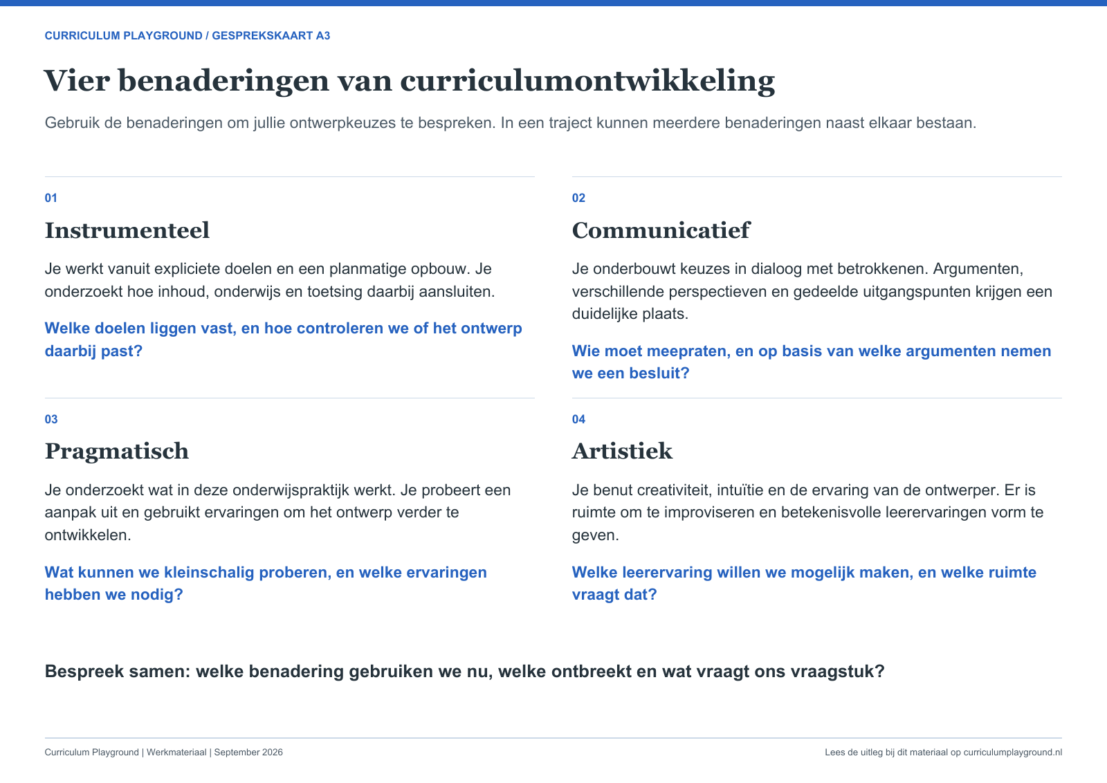 Vier ontwerpbenaderingen: instrumenteel, communicatief, pragmatisch en artistiek. De tekst staat ook hierboven en in de A3-download.