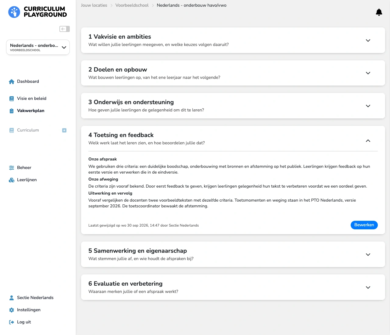 Ingevuld vakwerkplan Nederlands in CP: dezelfde zes rubrieken, met Toetsing en feedback geopend en de velden Onze afspraak, Onze afweging en Uitwerking en vervolg