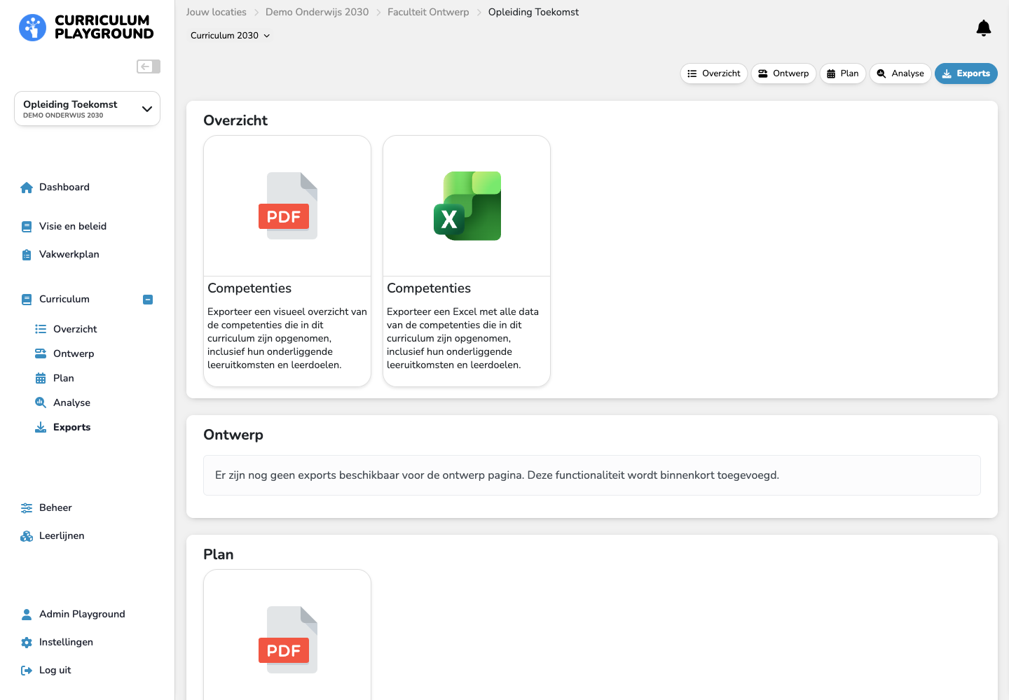 Exportpagina van een fictief curriculum zonder exporteerbare inhoud